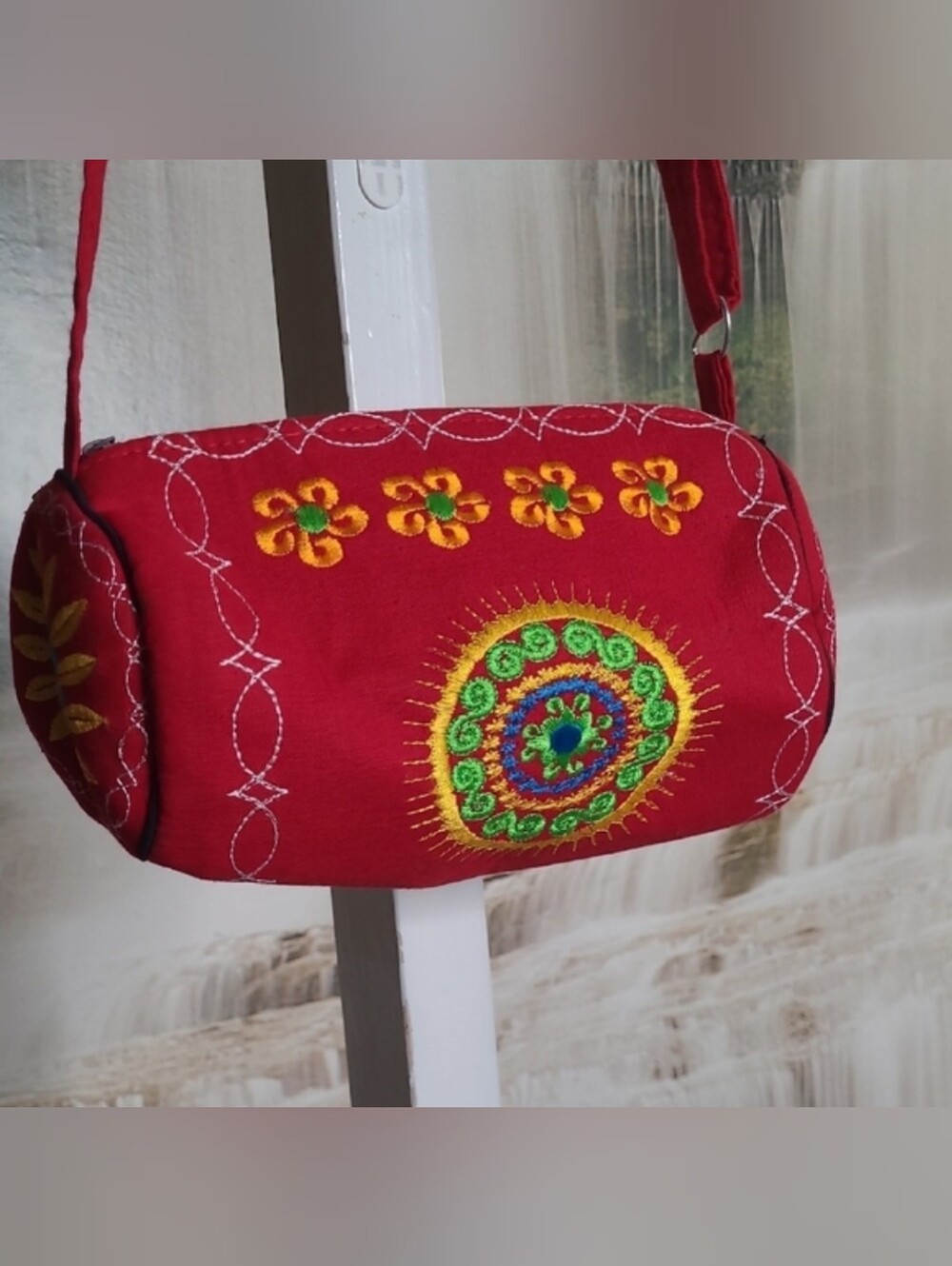 Embroidered Vibrant Colorful Boho Floral Round Cloth purse